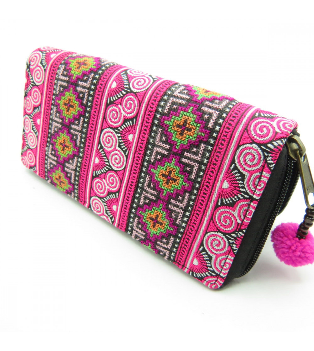 Fuschia Embroidered Continental Wallet